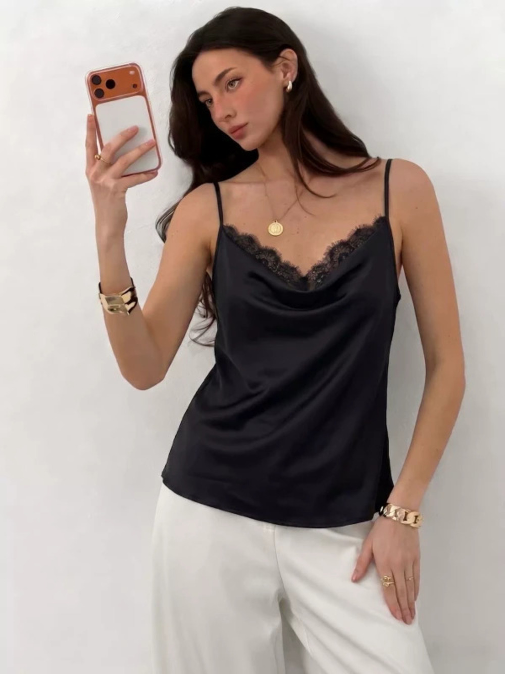ZARA Black Lace Satin Cowl Neck Sleeveless Camisole